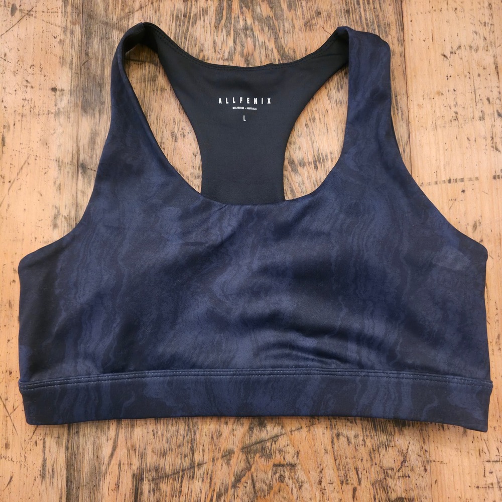 ALLFENIX Sz L‎ Navy Marble Print Sports Bra Racerback Activewear Yoga Gym Top